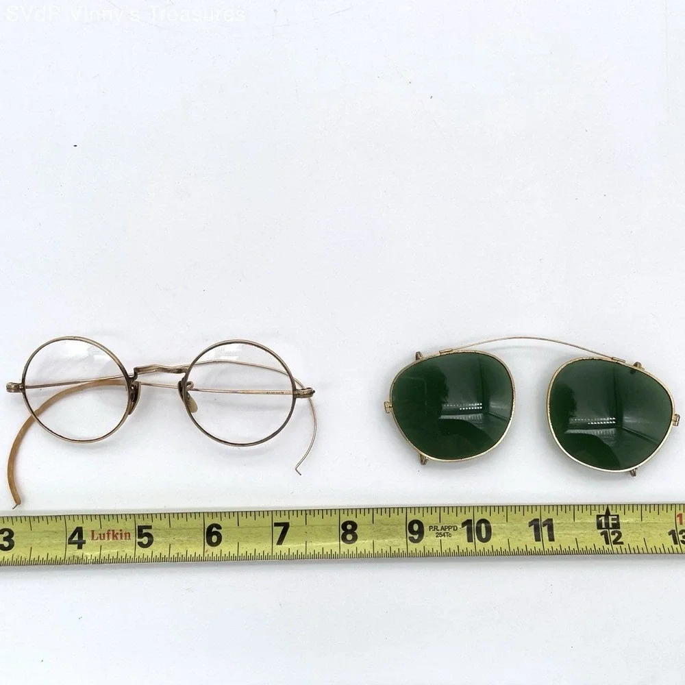 VTG 10K Gold Filled Round Wire Rim Eyeglasses w/ Clip-On Green Sunglasses & Case